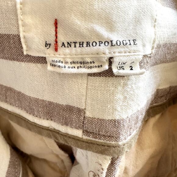 Anthropologie Oasis Striped Pants High Waisted Crop Linen Cotton Tan 2 - Picture 3 of 6
